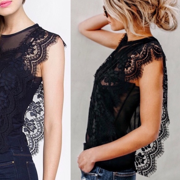 Tops - Black Butterfly Lace Trim Mesh Top